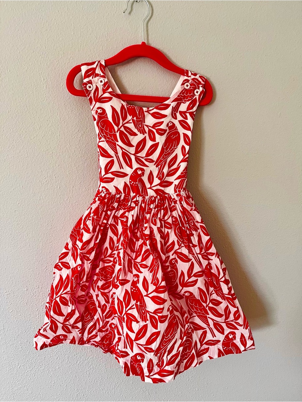 MiniBoden Cherry red and White Parrot Print Girls' Dress
